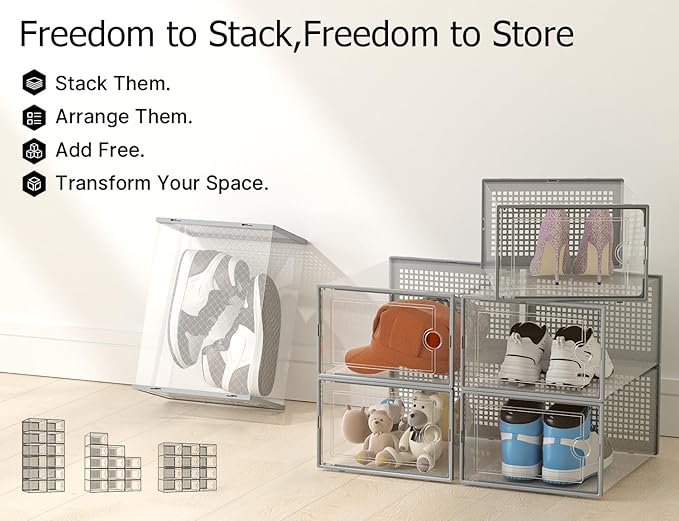 Kuject XX-Large Shoe Storage Boxes Organizers Clear Plastic Stackable 12 Pack, Shoe Rack & Holder Substitute, Sneaker Contain