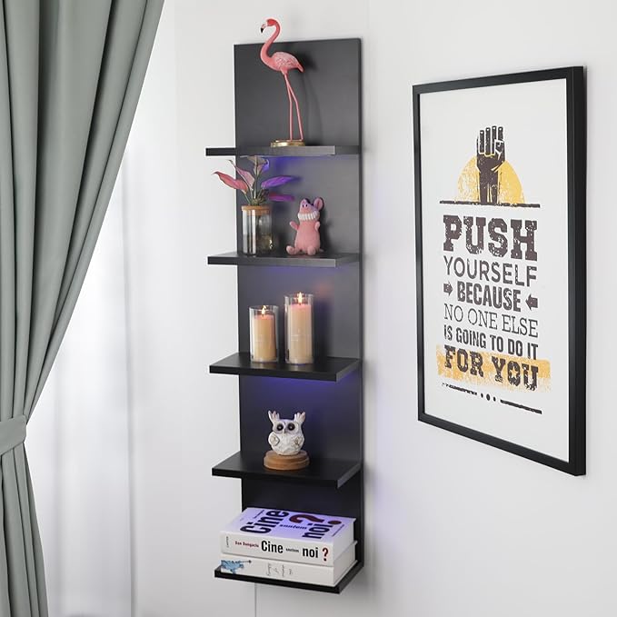 5 Tier Wall Shelf Unit, RGB Lack Shelf, Vanity Shelves with Light,Black Shelves for Room,Office,Bathroom,Remote Control