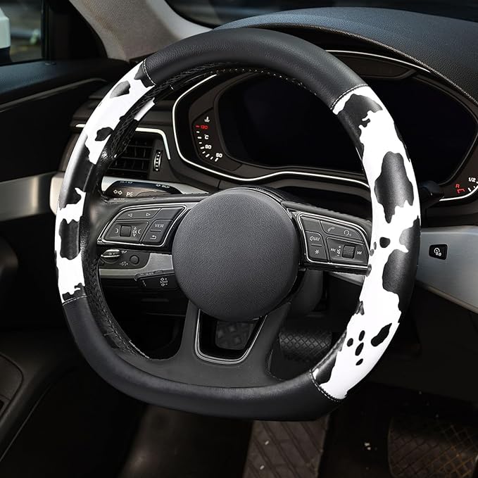 ZHOL Cow Print Steering Wheel Cover, D Shaped Car Wheel Cover Microfiber Leather 14 1/2-15 in (37-39 cm)