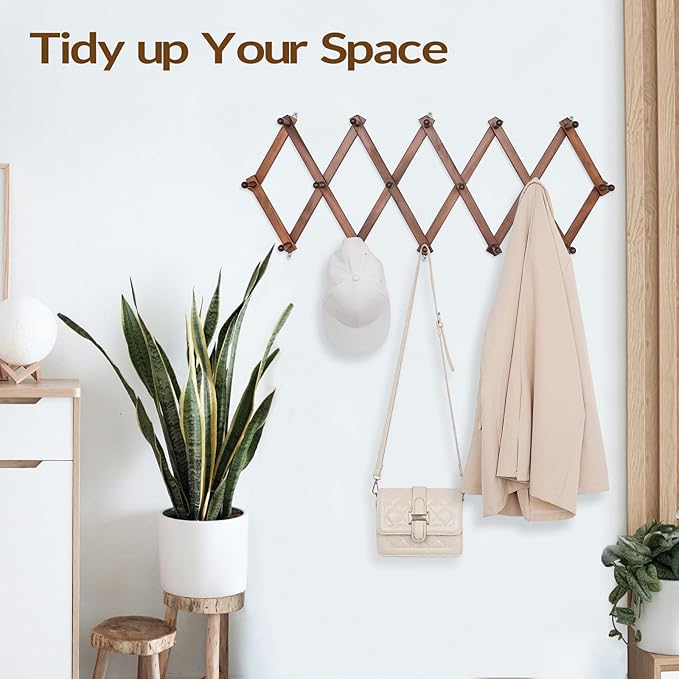 SCUNDA Hat Rack for Wall, Expandable Wall Hat Holder with 16 Hooks, 16 inch Wooden Wall Hook for Baseball Caps,Cowboy, Bag,Ho