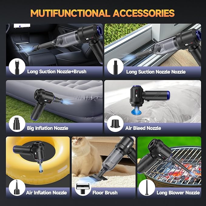 Car Vacuum Portable Cordless High Power Small Handheld Vacuum Cleaner 4-in-1 Compressed Air Duster & Air Blower & Pump Hand H