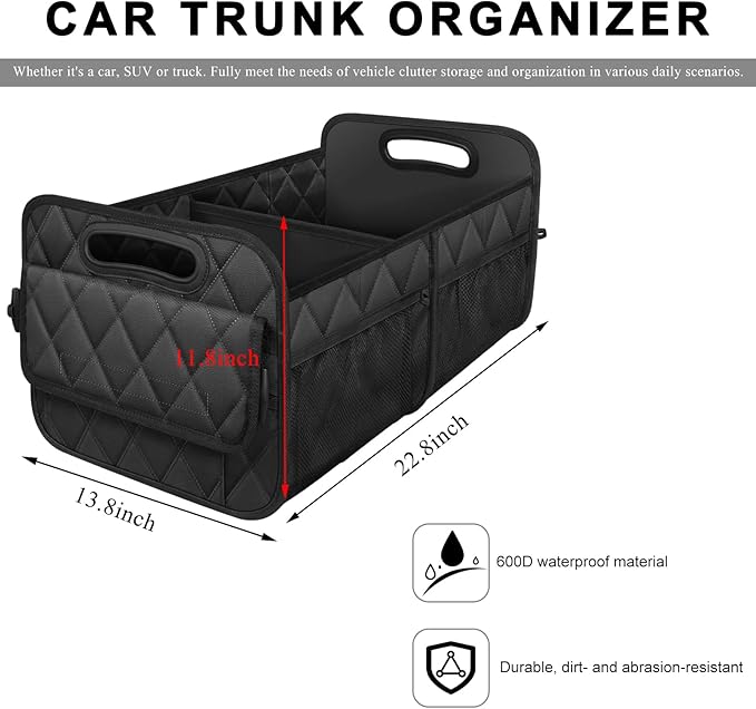 Car Trunk Organizer, Collapsible Auto Storage Box with Multi Pockets, Waterproof Oxford Cargo Organizer with Reinforced Handle