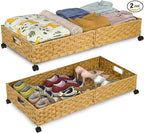 Under Bed Storage Containers with Wheels, 31.5” Large Handwoven Rattan Rolling UnderBed Storage Bins, Tool-free Assembly Natu