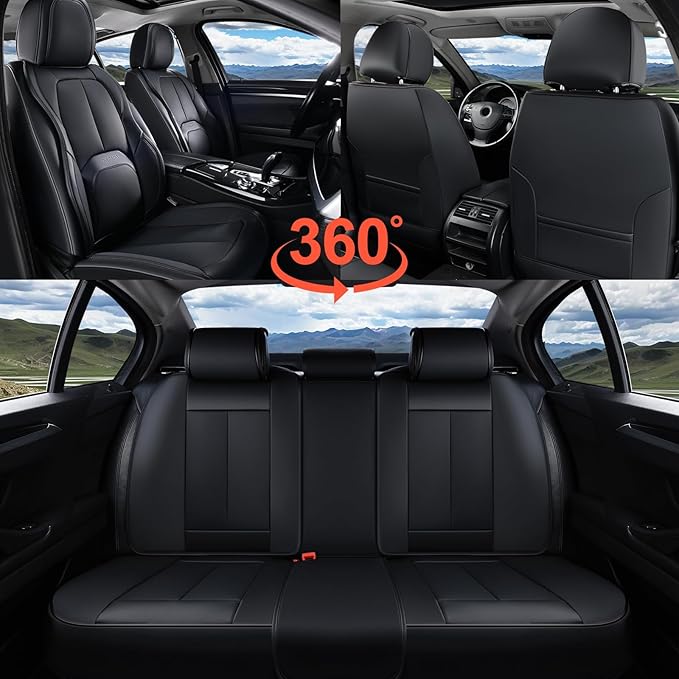 Coverado Car Seat Covers Full Set, Premium Nappa Leather Seat Covers for Car, Waterproof Car Seat Protector with Lumbar Suppo