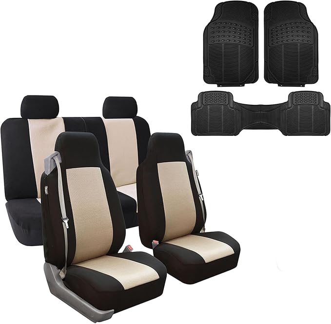 FH Group FH-FB302114 All Purpose Flat Cloth Car Seat Covers Beige/Black Color with F11306 Vinyl Floor Mats, Beige/Black Color