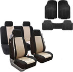 FH Group FH-FB302114 All Purpose Flat Cloth Car Seat Covers Beige/Black Color with F11306 Vinyl Floor Mats, Beige/Black Color