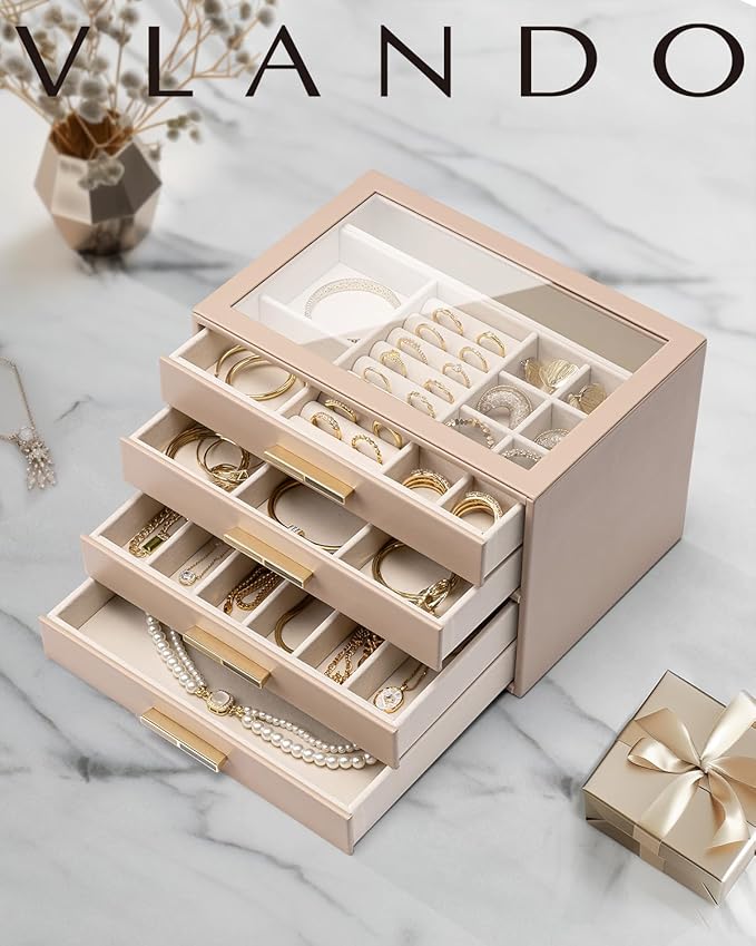 VLANDO 4 Layer Jewelry Box for Women, Mothers Day Gifts for Women, Glass Lid Jewelry Organizer with 4 Drawers for Necklaces R