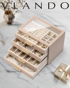 VLANDO 4 Layer Jewelry Box for Women, Mothers Day Gifts for Women, Glass Lid Jewelry Organizer with 4 Drawers for Necklaces R