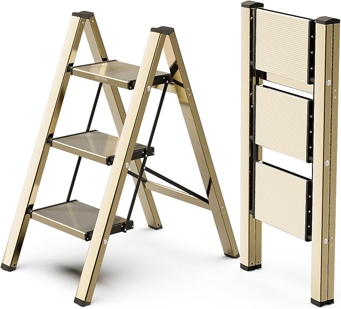 WOA WOA Step Ladder, 3 Step Foldable Step Stool with Widen Pedals, Portable Home Ladders for Kitchen, Lightweight Aluminum St