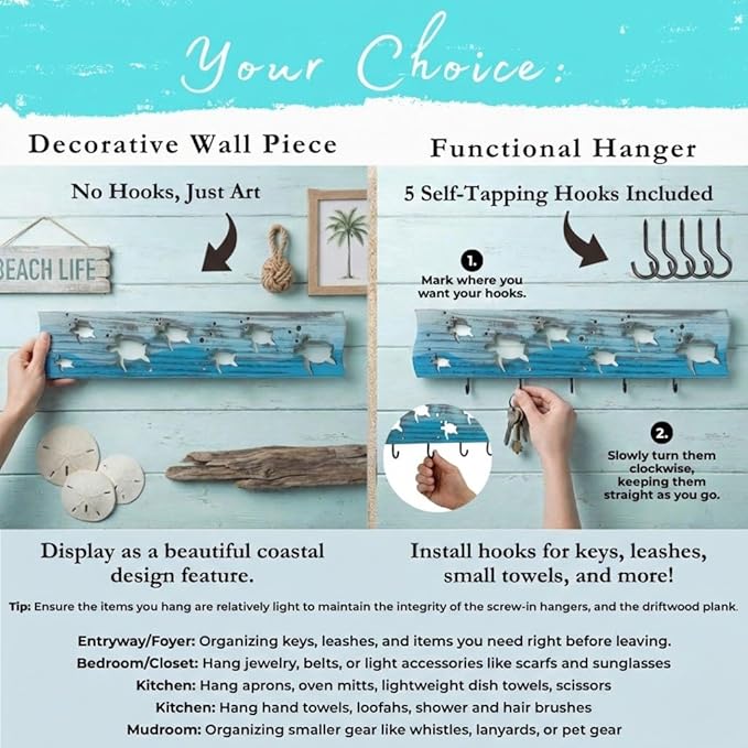 Sea Turtle Driftwood Wall Art & DIY Key Holder – Handmade Coastal Home Decor – 17.5" Genuine Weathered Wood Plank with 5 Remo