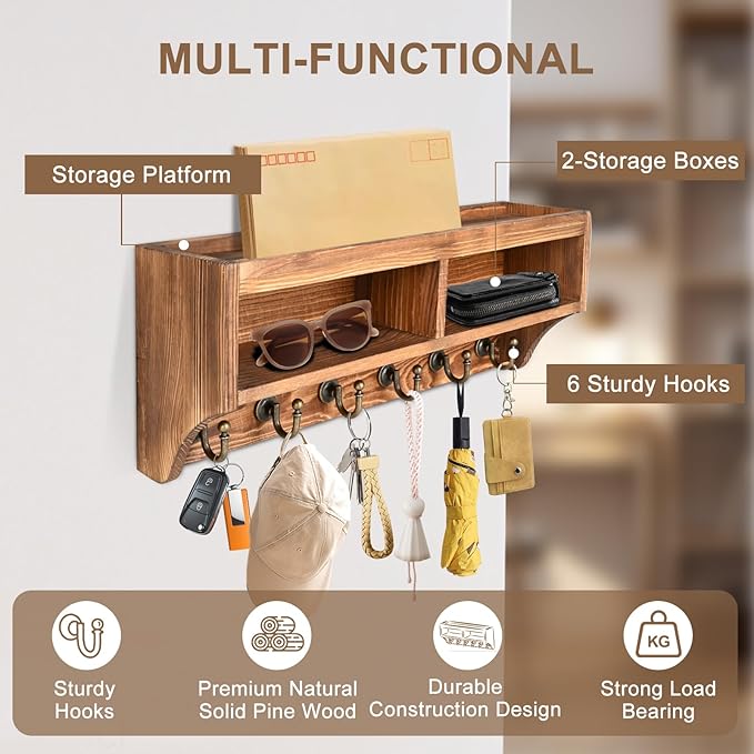 Key Holder Wall Mount - Mail Organizer Wall Mount with 6 Key Hooks and Storage Box for Sunglasses Storage and Dog Leash Holde