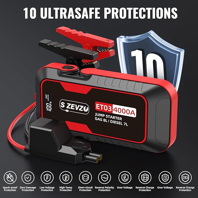 S ZEVZO ET03 Car Jump Starter 4000A Jump Starter Battery Pack for Up to 8.0L Gas and 7.0L Diesel Engines, 74Wh Portable 12V