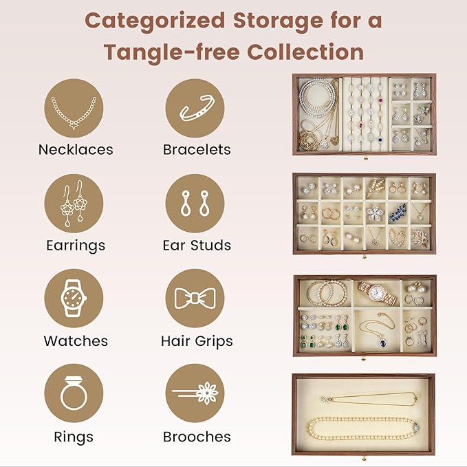 Wooden Jewelry Box for Women, 5-Layer Jewelry Organizers and Storage with 5 Drawers & Velvet Trays, Large Earring Holder, Nec