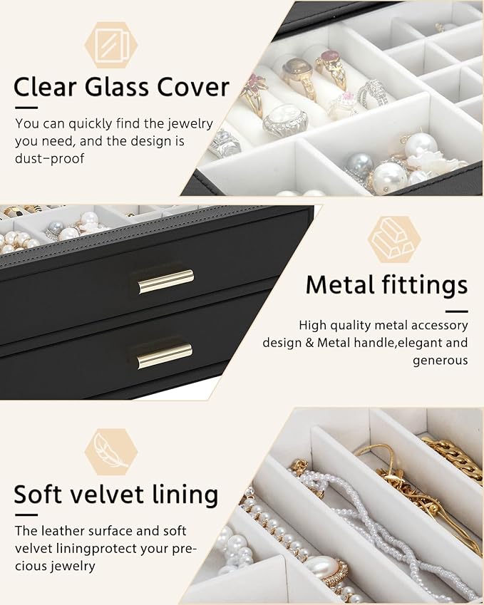 AKOZLIN Jewelry Box with Clear Lid Functional Leather Jewelry Storage Organizer Case 2 Drawers for Women Girls Necklace Ring 