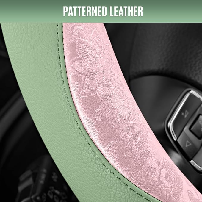 PIC AUTO Steering Wheel Cover, Pink Patterned & Green Leather Patchwork Design, Universal Fit 14.5"–15.5", Anti-Slip, Odor-Fr