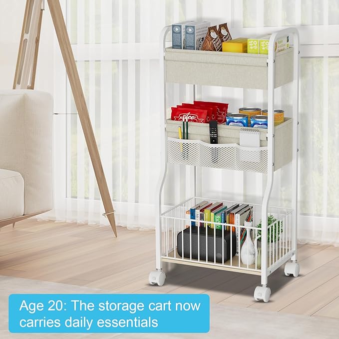 3-tier Baby Diaper Caddy Organizer and Storage Cart with 4+3 Dividers, Metal Utility Cart with Lockable Wheels for Nursery, B