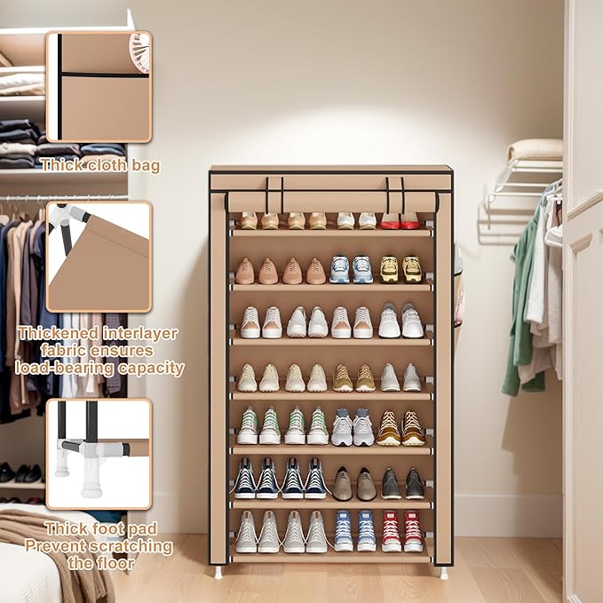 Laiensia 7-Tier Vertical Shoe Rack Organizer, Space Saving Shoe Storage Organizer, Non-Woven Cover Shoe Shelf Holds 28-35 Pai