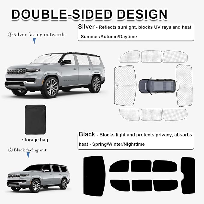 KMF 8pcs Thicken Sun Shades for Jeep Grand Wagoneer 2022-2026 Accessories,Full Car Window Covers for Windshield Side Rear, UV Block and Blackout Protect Privacy for Camping Outdoor