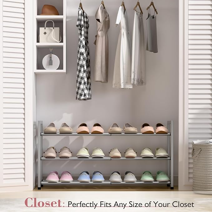Bumusty 3-Tier Expandable Shoe Rack for Closet, 18“-33” Adjustable Shoe Rack for Small Space, Small Shoe Organizer for Front 