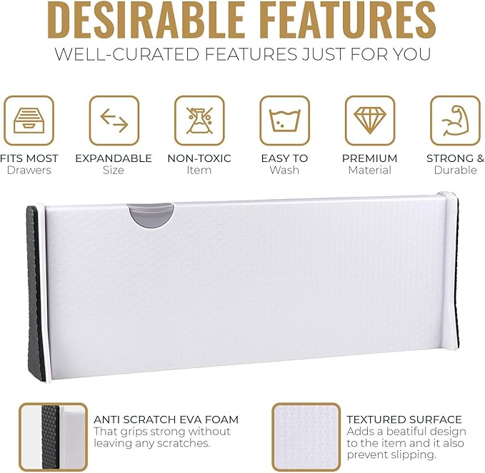 RAPTUROUS Adjustable Deep Drawer Divider – 5" Tall, Expandable 13-22", 10-Pack, Non-Slip Drawer Dividers for Clothes, Dresser
