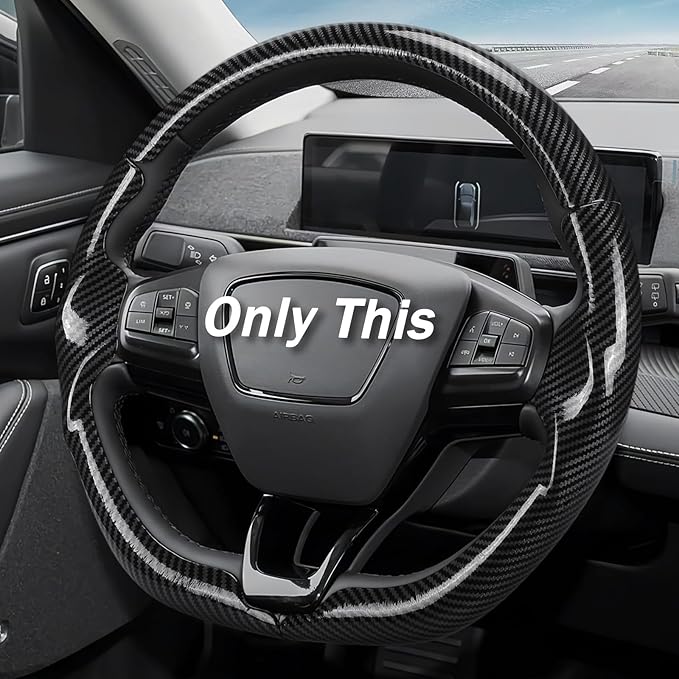 3-Piece Carbon Fiber Steering Wheel Cover for Ford Mustang Mach-E 2021-2026, Custom Fit Clip-On Quick Installation Ultra-Thin Interior Car Accessories for Men Women(Gloss Black)