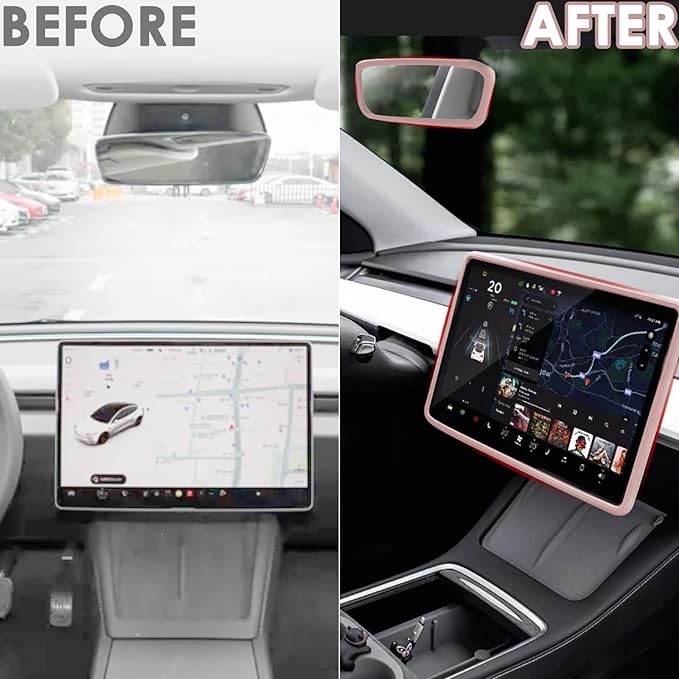 2PCS Protector Trim Frame Compatible with Tesla Model 3 Y 2020-2024 2025 2026 Screen Edge Frame Rearview Mirror Cover Interior Decorations Center Console Decor Highland Juniper Accessories Set (Pink)