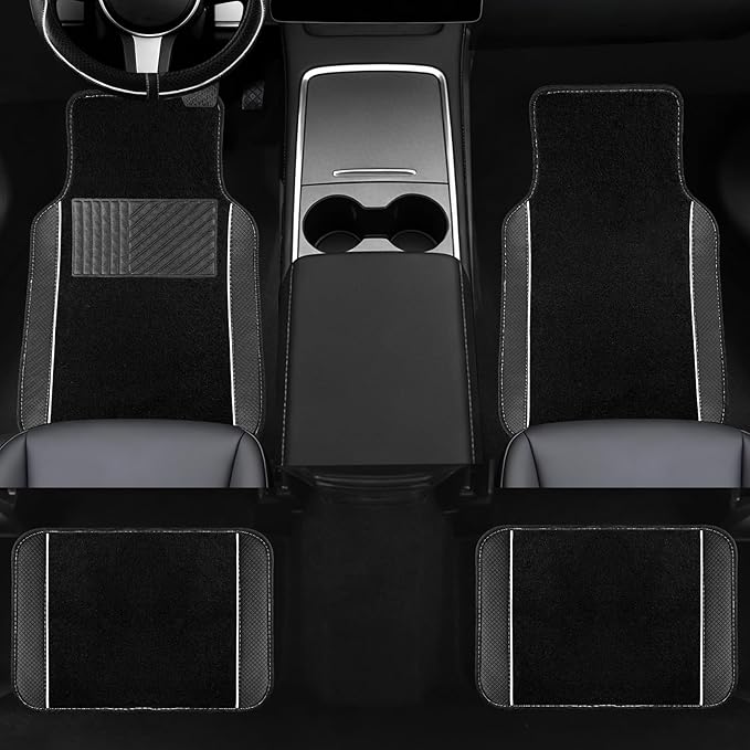 NBTEPEM Microfiber Steering Wheel Cover and Waterproof Car Floor Mats, Universal Fit Most Truck, SUV, Cars, 14.5-15inch Sporty Steering Wheel Covers with Anti-Slip Lining (Black with White line)