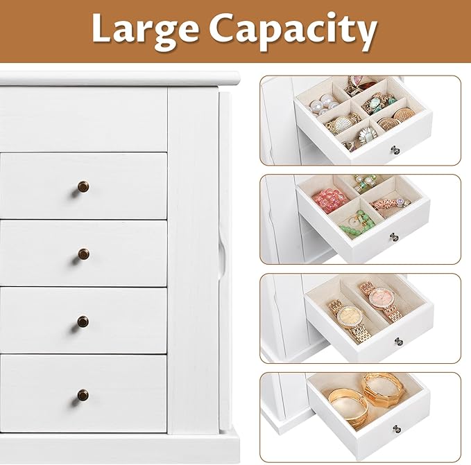 Emfogo Jewelry Box for Women, 5 Layer Large Wood Jewelry Boxes & Organizers for Necklaces Earrings Rings Bracelets, Rustic Je
