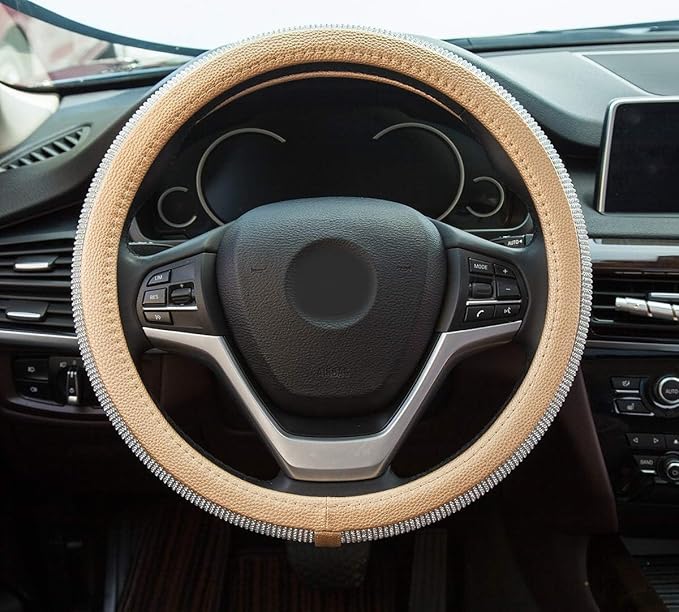New Diamond Leather Steering Wheel Cover with Bling Bling Crystal Rhinestones, Universal Fit 15 Inch Car Wheel Protector for 