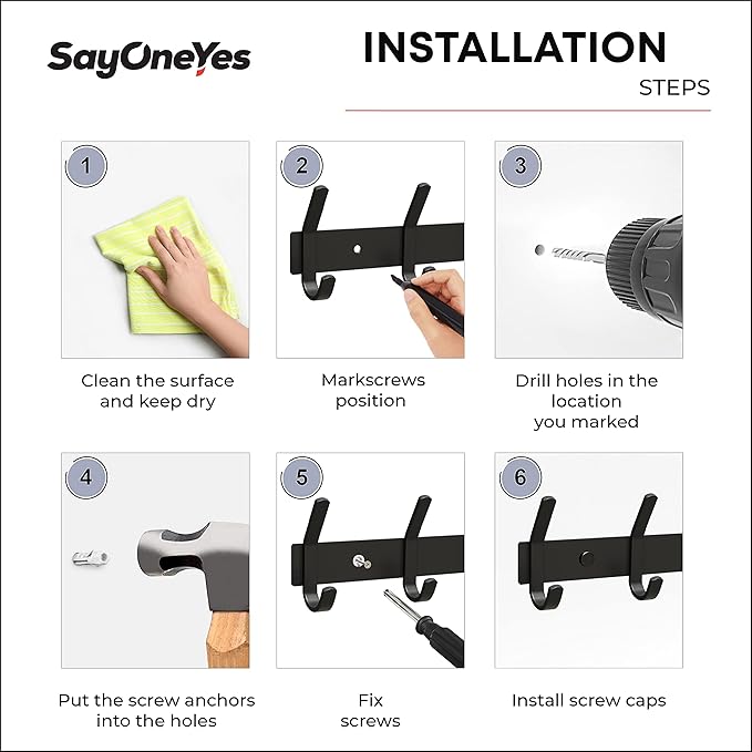 Matte Black Coat Rack Wall Mount – 17 Inch Stainless Steel Hook Rail with 6 Double Coat Hooks – Wall Mounted Entryway Organiz