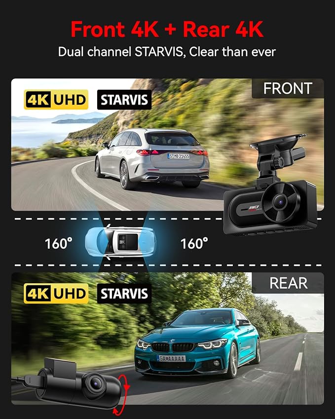 IIWEY 4K+4K Dash Cam Front and Rear, Dual STARVIS Sensor, 5G WiFi-6 (up to 20MB/s) with App, 128G SD Card Included, GPS, Dash