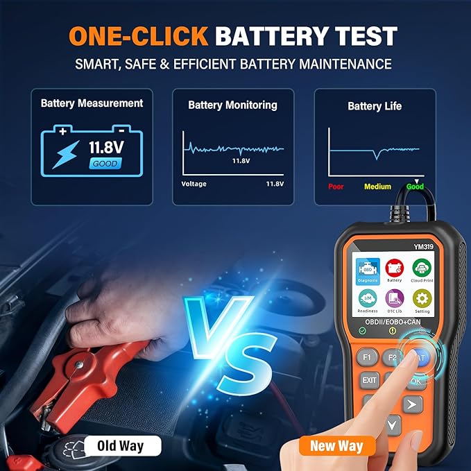BluSon YM319 OBD2 Scanner Diagnostic Tool with Battery Tester, Check Engine Fault Code Reader with Live Data, Cloud Printing,
