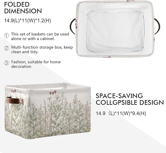 xigua Vintage Colorful Herbs Wild Flowers Floral Storage Basket Collapsible Toy Storage Bins Waterproof Canvas Storage Basket