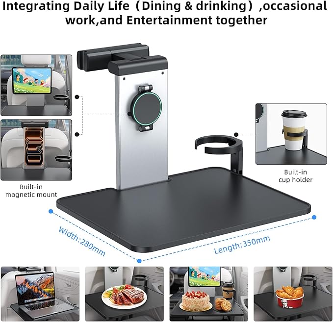 Car Back Seat Tray Table with Stable Metal Arm, Foldable Adjustable Backseat Desk for Rear Passengers, Travel Tray with Phone & Drink Holder for Road Trip, Eating, Working, Laptop & Tablet
