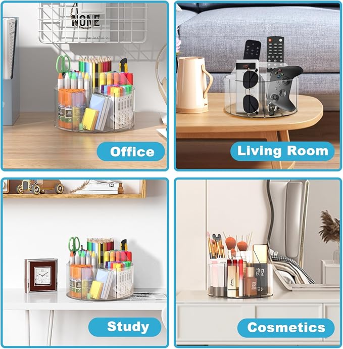 Acrylic Desk Organizer Clear Pen Holder 2 Packs, 360 Degree Pencil Holder for Desk Kids, Rotating Lazy Susan Organizer for Sc