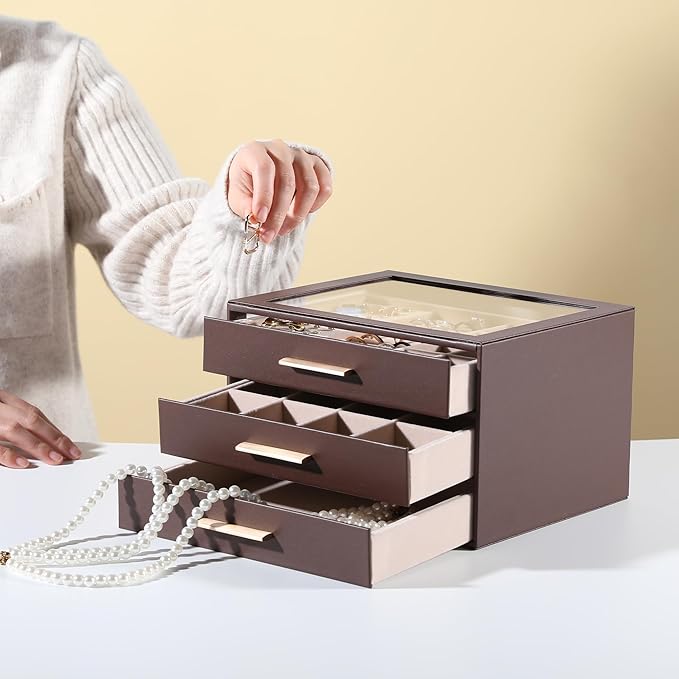 Frebeauty Clear Lid Jewelry Box,3-Layer Jewelry Organizer with Drawer,PU Leather Jewelry Organizers and Storage,Jewelry Boxes