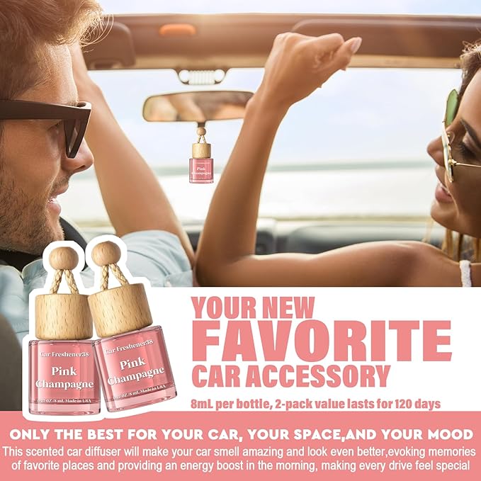 HoogaLife Car Air Freshener Diffuser 2 Pack Hanging Air Freshener Diffuser - Pink Sparkle Champagne Fragrance Oil Air Diffuse