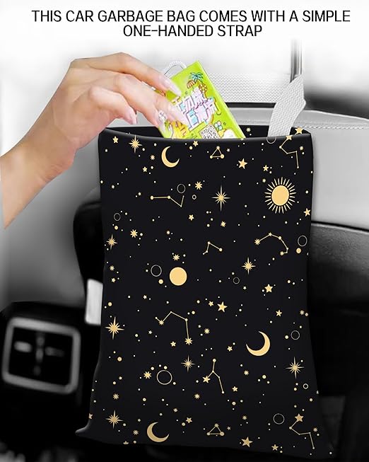 Car Trash Can, Durable Hanging Car Trash Garbage Bag, Cute Automotive Garbage Cans Organizer, Cute Golden Moon Star