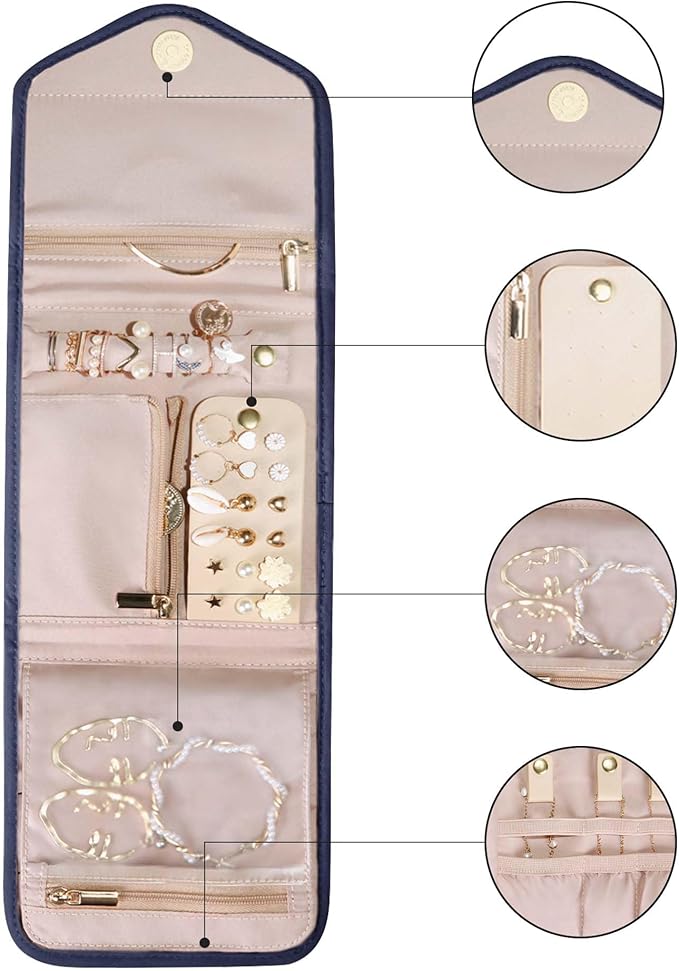 BAGSMART Travel Jewelry Organizer Case Foldable Jewelry Roll for Journey Rings, Necklaces, Earrings, Bracelets,Mini,Smokey Bl