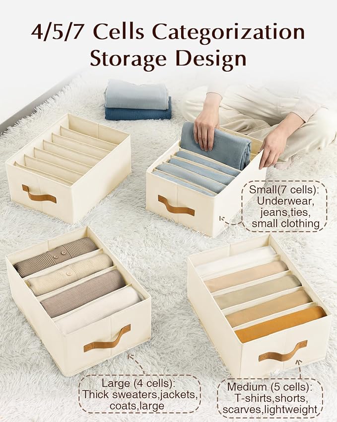 Homsorout Clothes Organizers and Storage - 4/5/7 Grids Fabric Jeans Organizer with Handles, Foldable Closet Organizers Divide