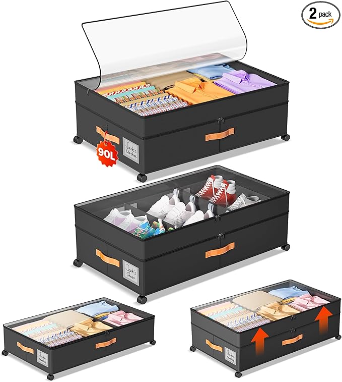 Under Bed Storage with Wheels, Large Capacity UnderBed Containers with Clear Lids, Shoe Organizer Under Bed Drawers, Rolling 