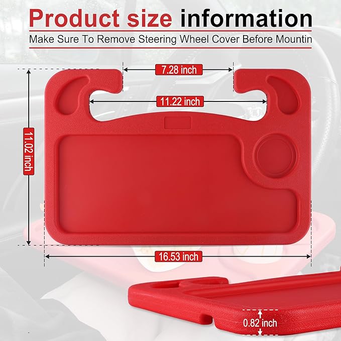JUSTTOP Car Steering Wheel Desk, Red (ABS, Rectangular), Multipurpose Travel Tray for Eating, Laptop, Tablet, iPad, Cup Holder, Compatible with Most Cars