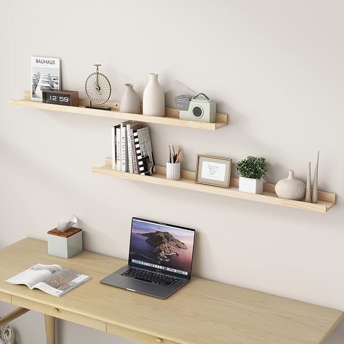 Picture Ledge Shelf for Wall, 48 inch Solid Pine Wood Nursery Book Shelves 2 Packs, Floating Ledge Shelves for Kids' Room Bed