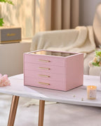 pickpiff Jewelry Box Organizer Case for Women: 4-Layer Jewelry Storage Case with Glass Window, Pink Leather with Velvet Holde