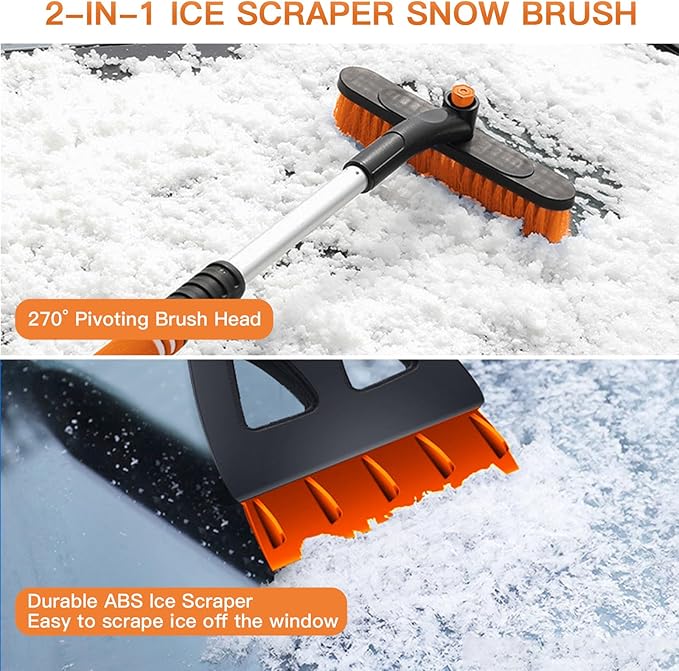 Kairiyard 31" Snow Brush and Ice Scrapers for Car Windshield, Detachable Extendable 360° Pivoting Snow Scrapers and Brush with Ergonomic Foam Grip for Car,Truck,SUV(Orange)