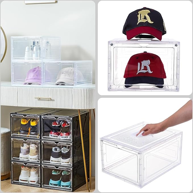 Attelite Upgrade Harder Solid Plastic Hat Organizer for Baseball Caps, 8 Pack Stackable Hat Storage Box with Clear Magnetic D