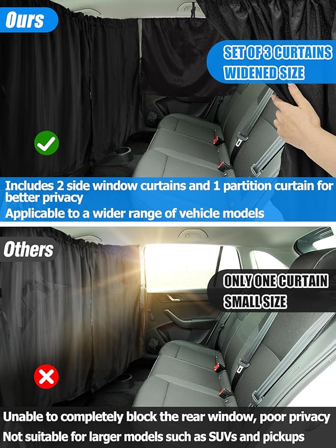 PAMASE Set of 3 Car Window Shades - 95% Light Blocking Sunshades, 1 Privacy Divider Curtains & 2 Side Window Covers, Wide Sedan SUV Accessories for Kids Baby Travel Camping Nap Sleeping