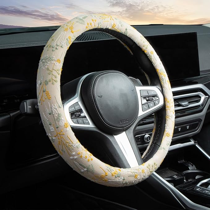 Beige Spherical Flowers Steering Wheel Cover Auto Embroidery Steering Wheel Protector, Anti-Slip, Breathable, Absorbing Sweat