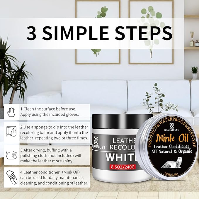 SHADAIWUYU 8.5oz Leather Recoloring Balm with 100ml Mink Oil,White Leather Repair kit for Furniture and Car Interior,Leather 
