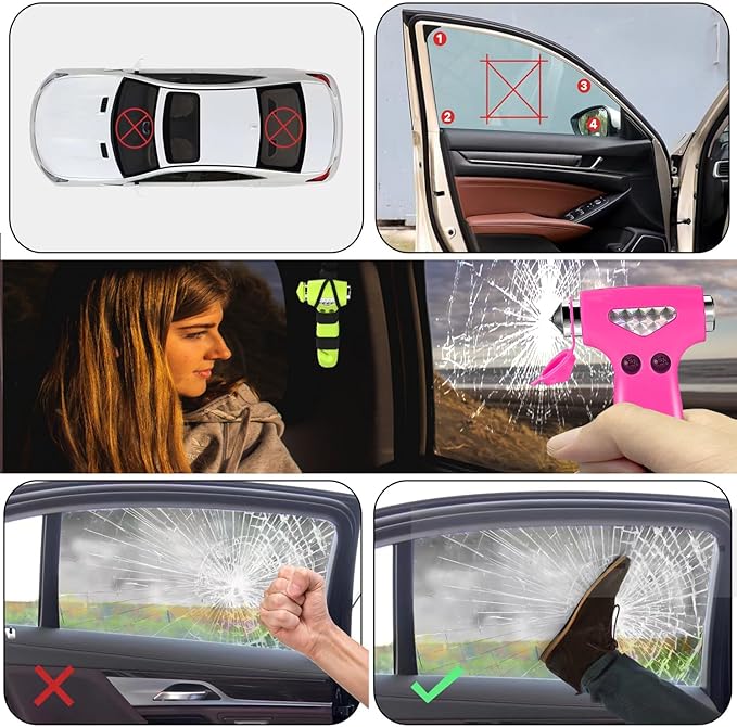 2 Pack Car Safety Hammer, 3-in-1 Emergency Escape Tool Window Breaker and Seat Belt Cutter with Light Reflective Tape for Fam